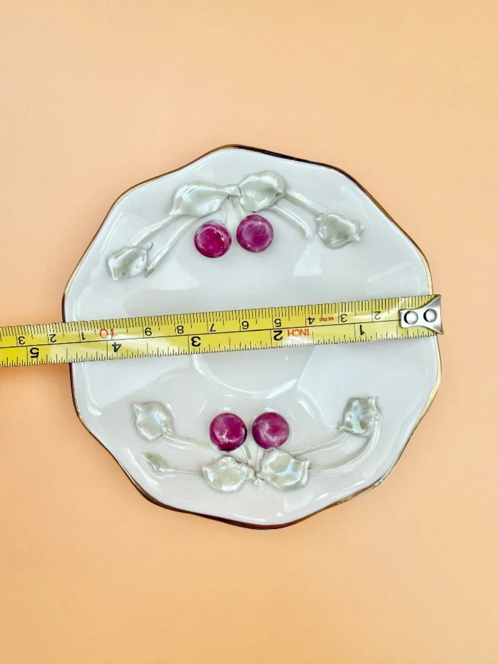 Vintage Claire Lerner Studio Cup & Saucer 3D Cherries Gold Trim California